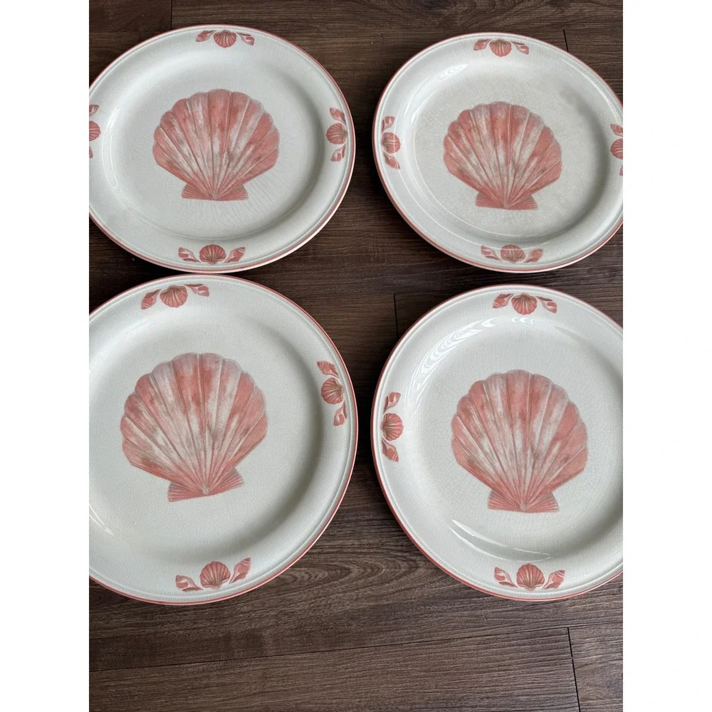 Sangostone Coquille Dinner Plates Set of 6 Pink Seashell Coastal Stoneware 10.75
